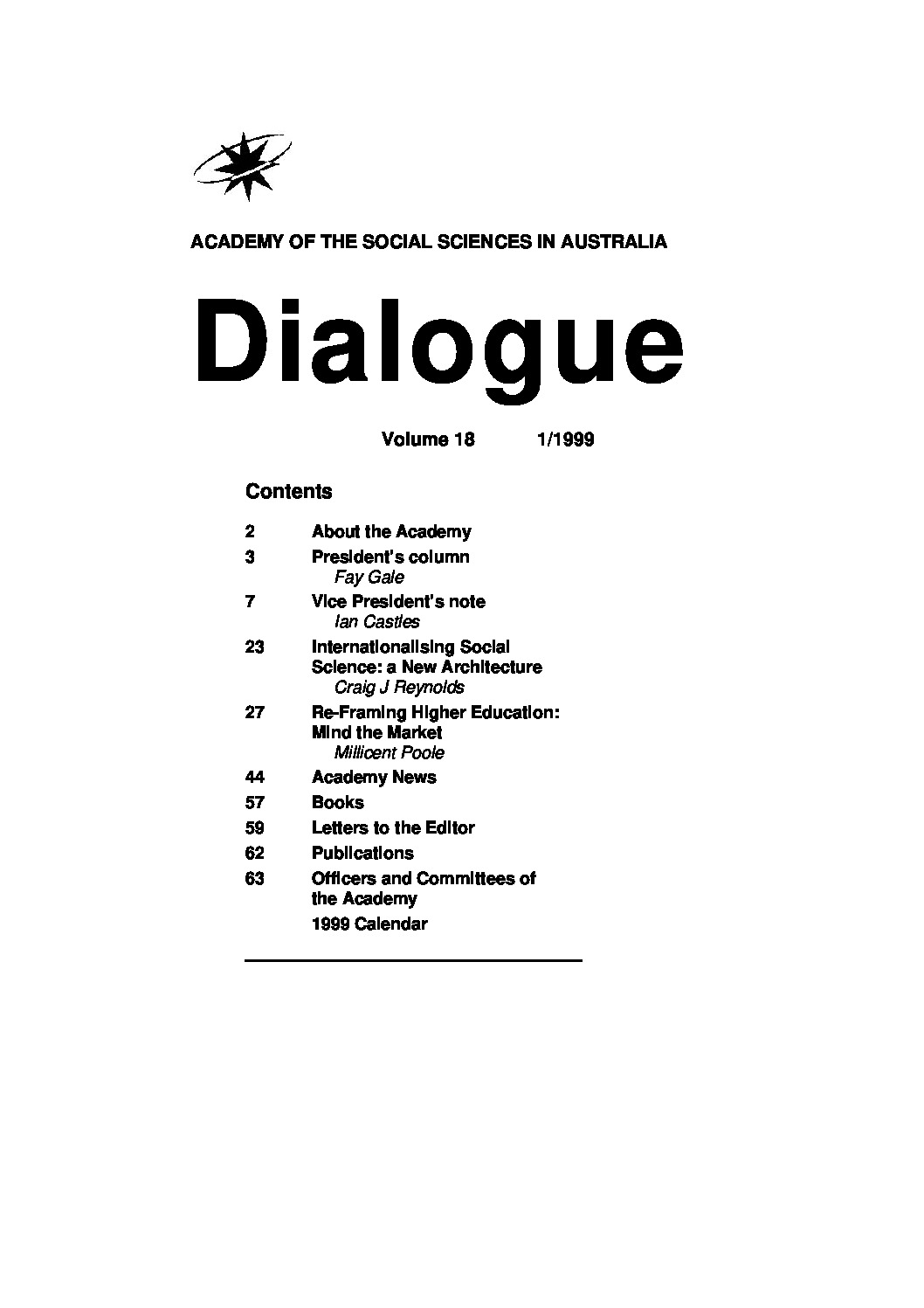 1999: Dialogue Volume 18 – Number 1